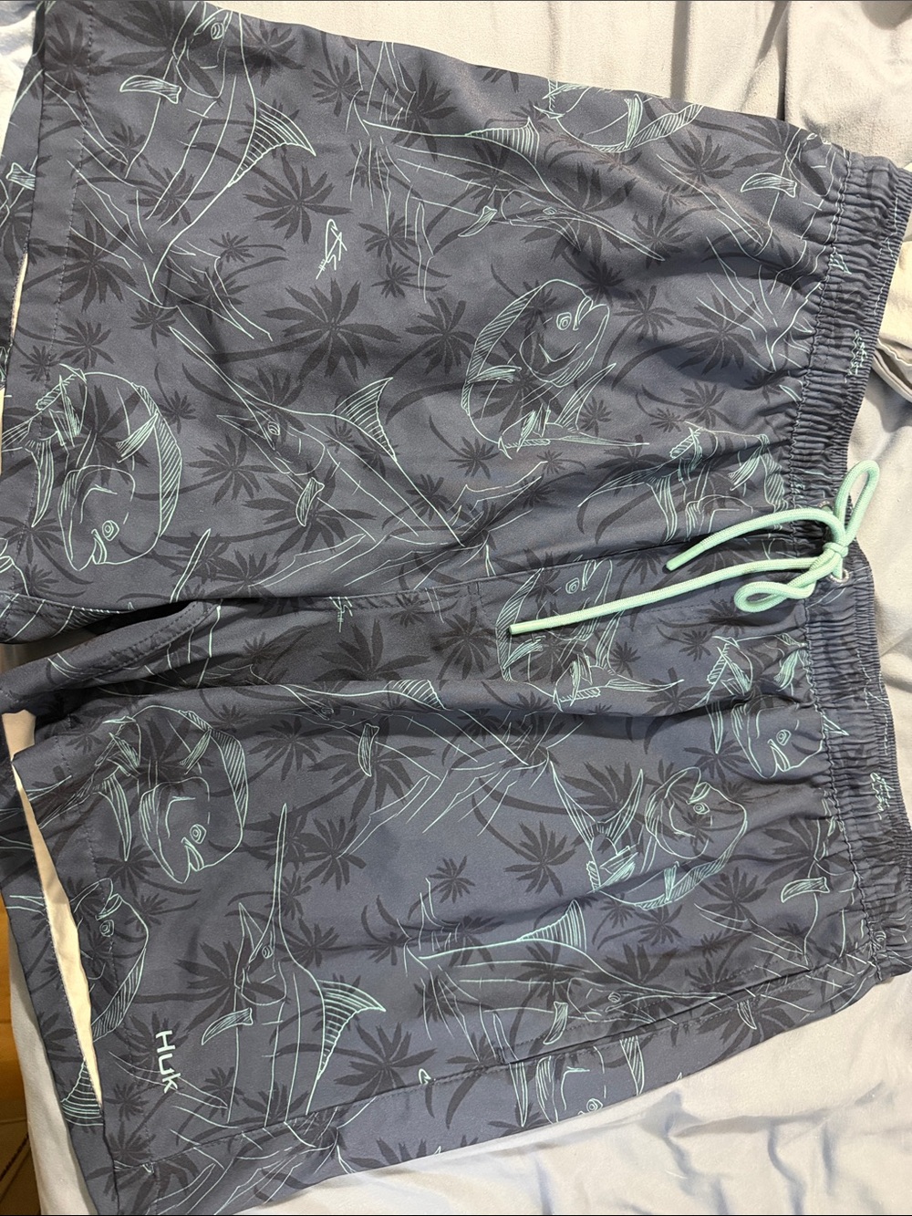 Huk Men's Navy Swim Shorts with Mint Drawcord and Fish Print